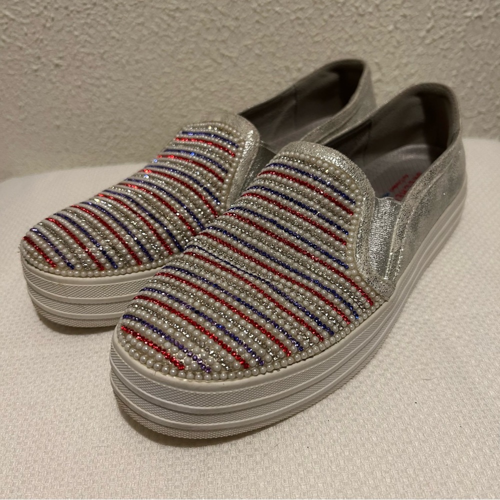 Skechers SilverSlip-On Sneakers Platform Sole:red/purple bedazzled top. US 8